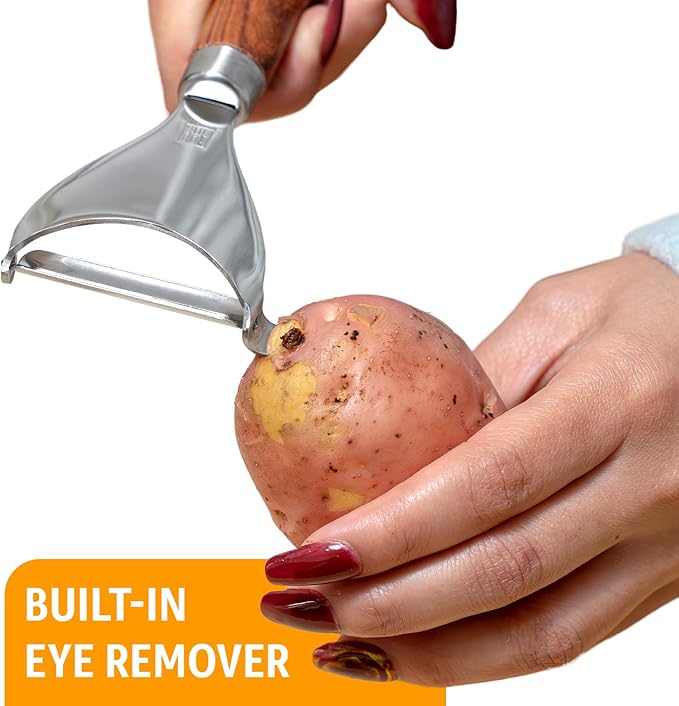 Potato Peeler Wooden Handle, Y Peeler Multifunctional Vegetable Peeler, Rosewood & Stainless Steel, Ultra Sharp Swivel Blade, Fruit & Veggie Peeler, Eye Remover