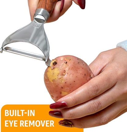 Potato Peeler Wooden Handle, Y Peeler Multifunctional Vegetable Peeler, Rosewood & Stainless Steel, Ultra Sharp Swivel Blade, Fruit & Veggie Peeler, Eye Remover