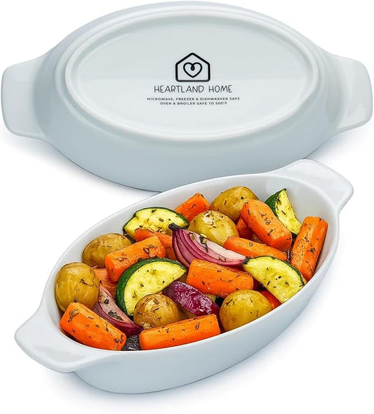 Heartland Home Porcelain Mini Casserole Dish Oval Au Gratin Dish (2pc Set). Cauliflower Au Gratin Baking Dish, Banana Split Bowls, Single Serving Casserole Dishes, Small Individual Gratin Dishes Set by HeartlandHome