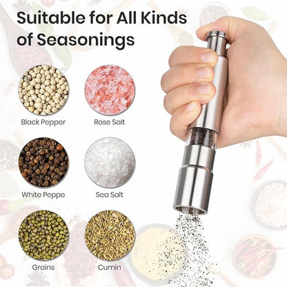 Salt and Pepper Grinder Set,Small Stainless Steel Manual Salt Grinder,Thumb Refillable Mini Salt Grinders Shakers With Base For Kitchen, Home, Travel, Camping, Cooking(Silvery)