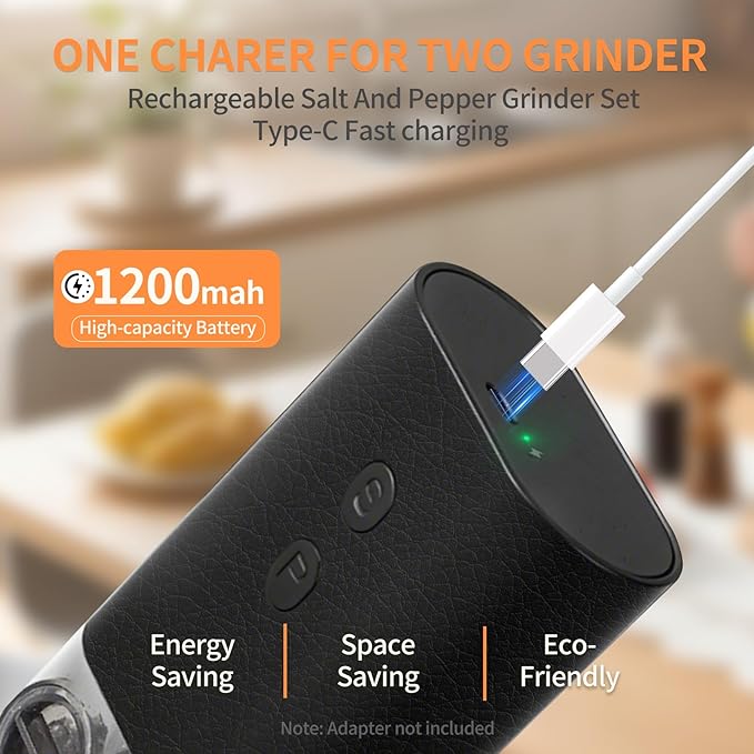Dual Chamber Electric Pepper and Salt Grinder,Rechargeable Salt and Pepper Grinder Set USB-C,One-Handed Automatic Spice Mill Grinds Two Spice,Large Refillable,Ceramic Adjustable Coarseness for Kitchen