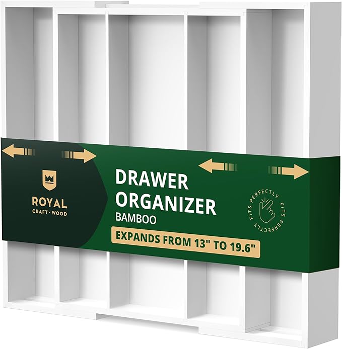ROYAL CRAFT WOOD Luxury Bamboo Kitchen Drawer Organizer - Silverware Organizer - Utensil Holder and Cutlery Tray with Grooved Drawer Dividers for Flatware and Kitchen Utensils (5 Slot, White) by RoyalCraftWood