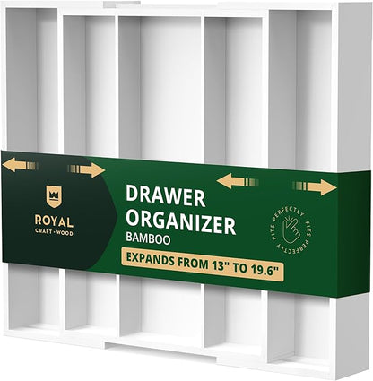 ROYAL CRAFT WOOD Luxury Bamboo Kitchen Drawer Organizer - Silverware Organizer - Utensil Holder and Cutlery Tray with Grooved Drawer Dividers for Flatware and Kitchen Utensils (5 Slot, White) by RoyalCraftWood