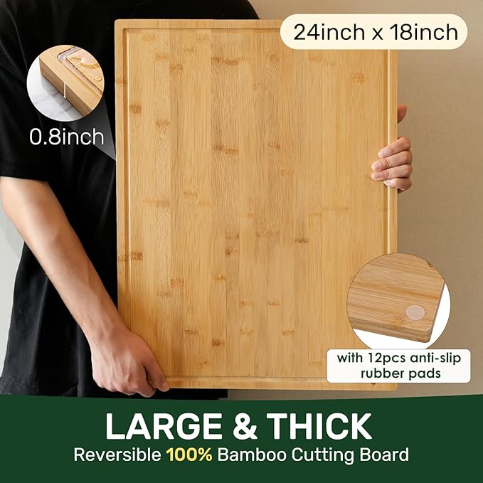 Kikcoin 24”×18” Bamboo Cutting Boards for Kitchen, Wooden Healthy Cutting Boards for Charcuterie, Vegetables, Cheese, Bread, Extra Large Chopping Boards with Deep Juice Groove and Handle, Natural - Image 3