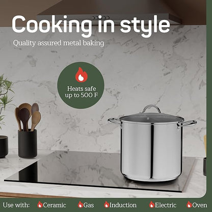 Stainless Steel Stockpot with Tempered Glass Lid 16 Quart, Durable 18/0 Stainless Steel, Impact-Bonded Base for Even Heating, Riveted Handles, Oven & All Stove Compatible, Safe Up To 500°F (260°C)