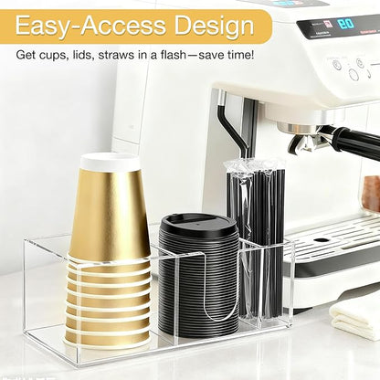 Acrylic Cup Holder for Countertop, 3 Slots Acrylic Coffee Bar Accessories and Organizer Anti Slip Waterproof, Clear Coffee Station Organizer for Cup Lid Straw