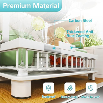 Multifunctional Dish Drying Rack - Rustproof, 2-Tier Dish Racks with Drainboard, Space-Saving Design, Utensil & Cup Holder for Kitchen Counter, White - Image 5