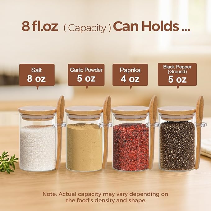 ComSaf 12 Pcs Glass Spice Jars and Spoons, 8oz Glass Containers with Bamboo Lids, Storage Containers with Airtight Lids with Black Labels for Seasonings, Salt, Loose Leaf Tea Storage - Image 2