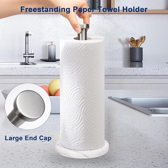 NearMoon Standing Paper Towel Holder, Kitchen Paper Towel Tissue Holder- for Bathroom Kitchen Countertop, Standard or Jumbo-Sized Roll Paper (with Marble Base, Brushed Nickel) - Image 5