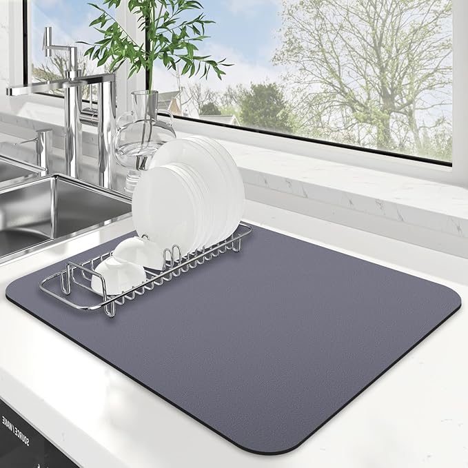 WISELIFE Dish Drying Mat Super Absorbent Drying Mat Large Dish Drying Mats for Kitchen Counter Easy Clean Dish Mat Kitchen Drying Mat15"x 18" Classic Grey by WiseLife