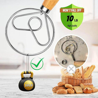 Danish Dough Whisk with Dough Hook Stainless Steel Wooden Handle for Sourdough Bread Baking Dough Mixing - Image 4