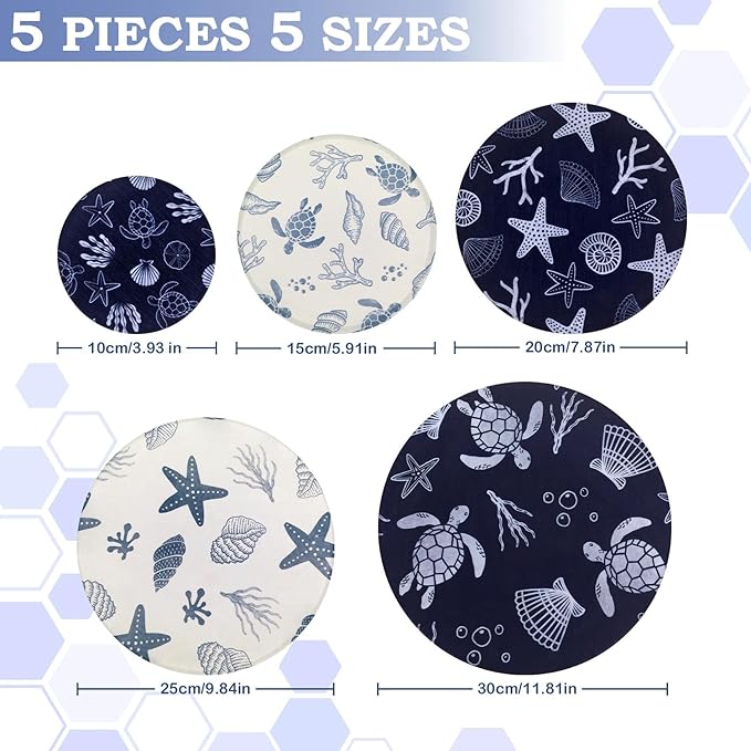 5-Size Reusable Beeswax Bowl Covers for Bread Proofing, Cotton Cloth Flexible Beeswax Wraps for Food Storage(Ocean Series) - Image 2