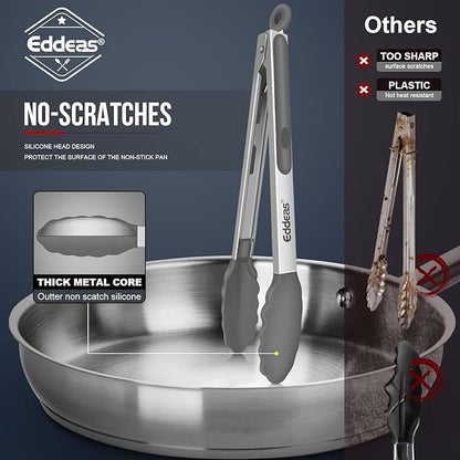 Kitchen Tongs with Silicone Tips - Heat Resistant 600 Degrees Stainless Steel Locking Cooking Tongs with Rubber Tips, Non-Stick Food Tongs for Cooking, Heavy Duty, Set of 3-7" 9" and 12" Grey - Image 3