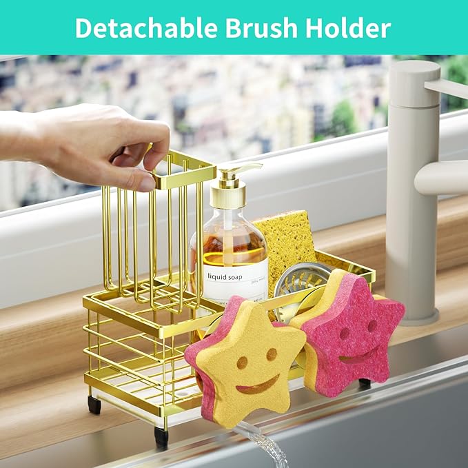 HapiRm Sink Caddy Sponge Holder - Self-draining Kitchen Sink Organizer with Smiley Face and Brush Holder, Stainless Steel Kitchen Sponge Caddy for Countertop - Gold - Image 4