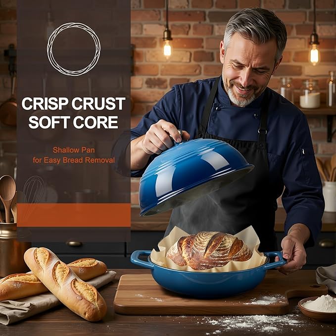 Overmont Enameled Cast Iron Bread Oven - 6QT Bread Dutch Oven for Sourdough Baking - Bread Pot with Dome Lid Cotton Potholders & Cookbook - Multi-Functional Bread Pan For Baking Frying Roasting - Image 7