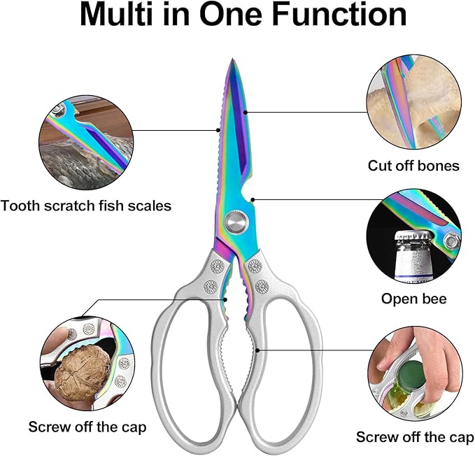 CGBE Kitchen Scissors, Multi-Purpose Kitchen Shears, Heavy Duty Dishwasher Safe Food Scissors for Chicken, Poultry, Fish, Meat & Herbs with Non-Slip Grips - Sliver Colorful - Image 2
