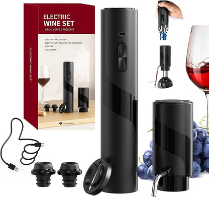CIRCLE JOY Electric Wine Bottle Opener Set Rechargeable 7-in-1 Wine Set with Foil Cutter, Electric Wine Opener, Electric 2in-1 Wine Aerator & Pourer, Electric Vacuum Pump and 2 Wine Stoppers, Black by CIRCLEJOY