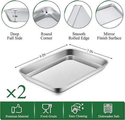 P&P CHEF 9 Inch Toaster Oven Pan with Rack Set, Stainless Steel Baking Pan Tray and Grid Cooling Rack for Cooking/Roasting, Dishwasher Safe & Easy to Clean, Non-toxic & Sturdy, (4Pcs)