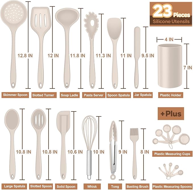Silicone Kitchen Utensils Set, E-far 23 Pcs Khaki Cooking Utensils Tools with Holder for Nonstick Cookware, Include Spatula/Spoon/Ladle/Tongs/Turner, Heat Resistant & Nontoxic, Dishwasher Safe - Image 3
