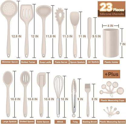 Silicone Kitchen Utensils Set, E-far 23 Pcs Khaki Cooking Utensils Tools with Holder for Nonstick Cookware, Include Spatula/Spoon/Ladle/Tongs/Turner, Heat Resistant & Nontoxic, Dishwasher Safe - Image 3