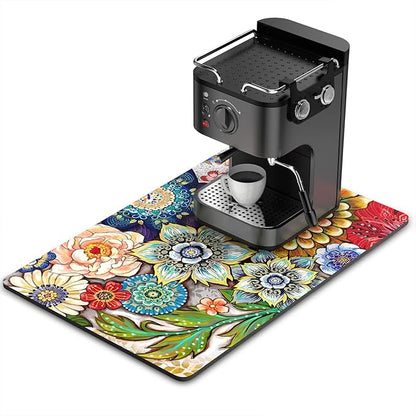 Rnivvi Coffee Mat, 16" x 24" Cute Flower Theme Coffee Bar Mats for Espresso Machine Station Accessories and Organizer, Hide Stain Rubber Backed Absorbent Dish Drying Pad for Kitchen Counter, Mandala by Rnivvi