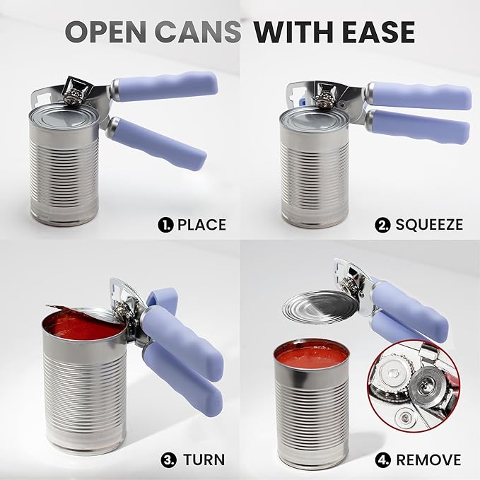 Zulay Kitchen Heavy Duty Stainless Steel Can Opener Manual with Bottle Opener - Rust Proof Manual Can Opener With Turn Knob & Comfy Soft Grip Handles - Periwinkle - Image 6