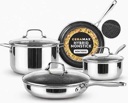 Gotham Steel Ceramax 12 Pcs Tri Ply Hybrid Stainless Steel Cookware Set, Ceramic Pots and Pans Set Non Stick with Induction Cookware, Made Without PTFE PFOA, Metal Utensil, Oven and Dishwasher Safe