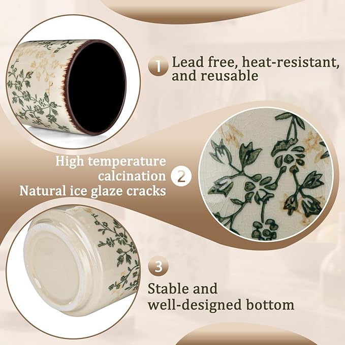 Kitchen Ceramic Utensil Holder Rustic 5.5" Green Floral Utensil Crock for Countertop Tuscany Cooking Tools Storage Caddy for Spatula Spoon Farmhouse Decor Housewarming Gift - Image 3