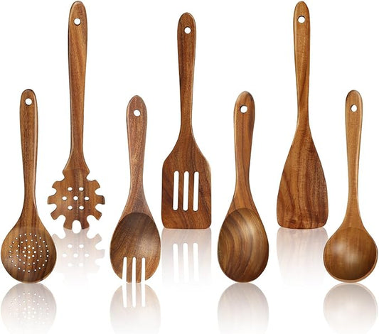 comfoyar Wooden Kitchen Cooking Utenails Set, 7 Pieces Natural Teak Wooden Spoons for Cooking with Spatula and Ladle, Heat Resistant Kitchen Cookware for Nonstick Pan by comfoyar