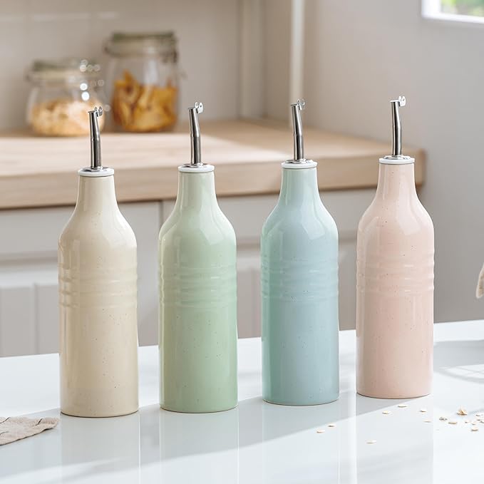 famiware Jupiter 16oz Ceramic Olive Oil Dispenser Bottle, Olive Oil and Vinegar Dispenser Bottle Set of 2 with Stainless Steel Pourers, Suitable for Storage Vinegar, Liquids, Light Pink & Light Green