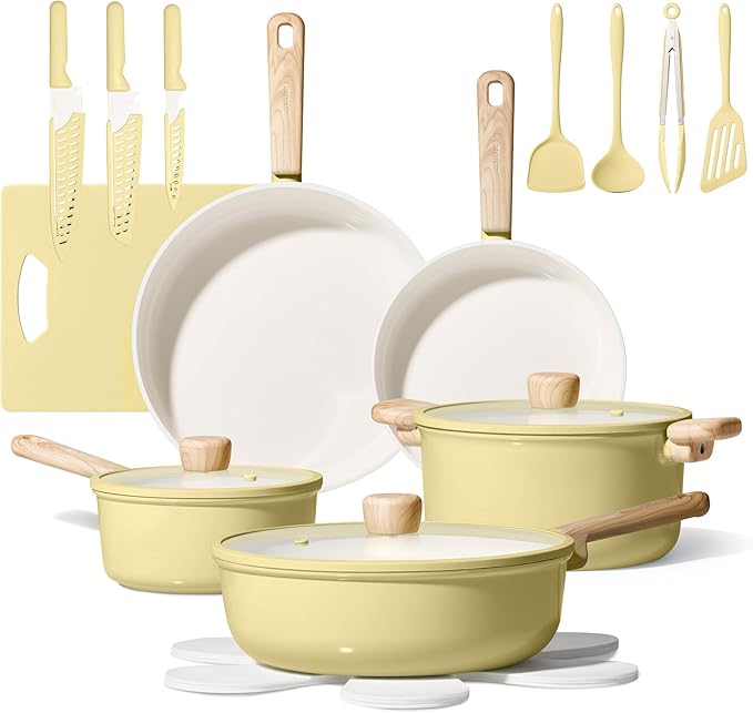 CAROTE 24pcs Ceramic Cookware Set, Pots and Pans Non Stick Kitchen Cookware Sets, Pots and Pans Set Cooking Set with Knife Set by CAROTE