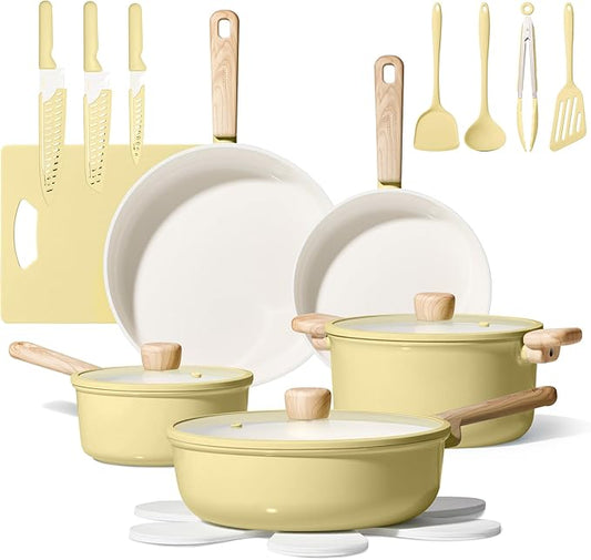 CAROTE 24pcs Ceramic Cookware Set, Pots and Pans Non Stick Kitchen Cookware Sets, Pots and Pans Set Cooking Set with Knife Set by CAROTE