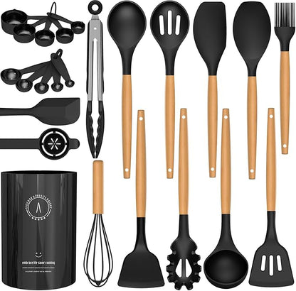 Silicone Cooking Utensils Set - AVGPD Silicone Kitchen Utensils for Cooking Wooden Handles, 446°F Heat Resistant Kitchen Utensil Spatula Sets, Gadgets for Non-Stick Cookware BPA FREE (Black) - Image 9