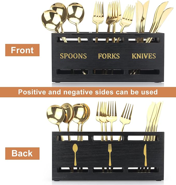 Ayiaren Wooden Cutlery Silverware Holder Flatware Utensil Caddy Black Utensil Holder for Kitchen Counter Wood Silverware Caddy Organizer for Table Countertop Spoon Knife and Fork Holder for Parties - Image 4