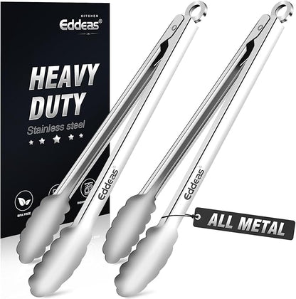 Eddeas 2PCS 12inch Kitchen Tongs - Heat Resistant 600 Degree Tongs for Cooking, Heavy Duty All Metal Food Tongs, Stainless Steel and Non-Slip handle, Salad, Grilling, Barbecue, Dishwasher safe by Eddeas