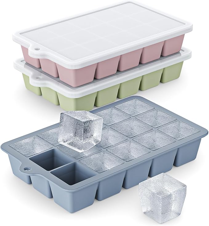 Silicone Ice Cube Tray 3 Pack - EASY RELEASE ice cube tray with lid, BPA Free Ice Cubes Trays for Freezer,ice cube mold for Cocktail,Whiskey (Blue+Pink+Green) by Vethwal