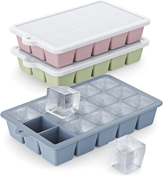 Silicone Ice Cube Tray 3 Pack - EASY RELEASE ice cube tray with lid, BPA Free Ice Cubes Trays for Freezer,ice cube mold for Cocktail,Whiskey (Blue+Pink+Green) by Vethwal