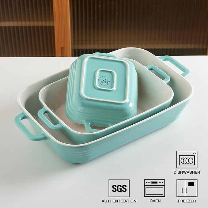 Sweejar Relief Casserole Dishes for Oven, Ceramic 9x13 Baking Pans Set for Cooking, Cake, Banquet and Daily Use, Rectangular Bakeware Set, Porcelain Baking Dish, Lasagna Pan Deep with Handles(Turquoise) - Image 4