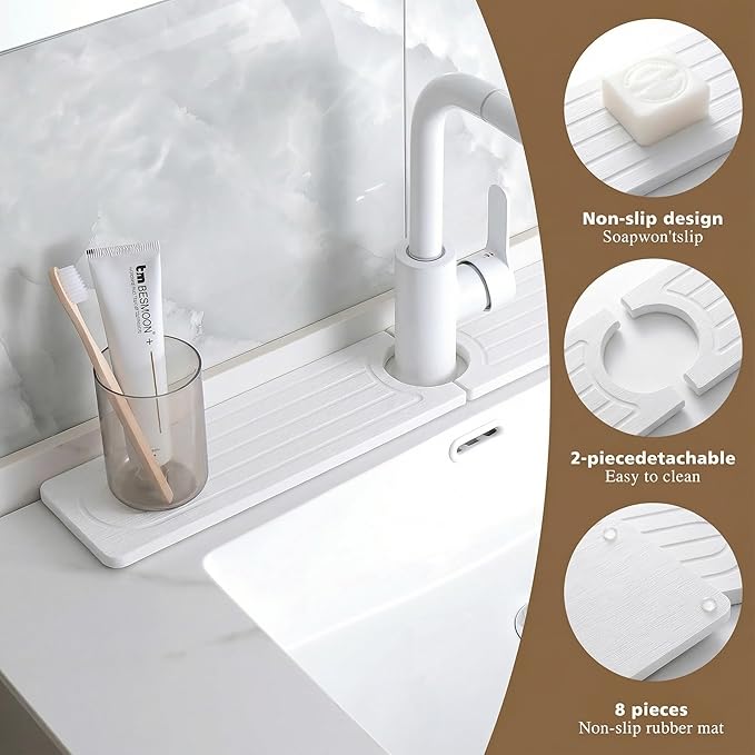 Faucet Mat for Kitchen Sink -Diatomite Stone Drying Mat for Kitchen Counter & Bathroom Sink,Quick-Dry Kitchen Sink Mat-Sink Protector & Splash Guard,Super Absorbent (White, 23.6" x 4") - Image 3