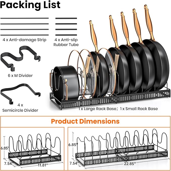 MUDEELA Pots and Pans Organizer Rack for under Cabinet, Expandable 11.81''-22.85'' Pot Lid Kitchen Cabinet Organizer Holder with 10 Adjustable Compartment Cutting Board Organizer for Pan Lid, Bakeware - Image 6