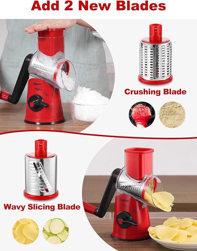 Geedel Rotary Cheese Grater Cheese Shredder with 5 Interchangeable Blades - Upgraded Rotary Grater Featuring Strong Suction Base for Cheese Shredding, Wavy Slicing, Nut Grinding, and Ice Shaving - Image 3