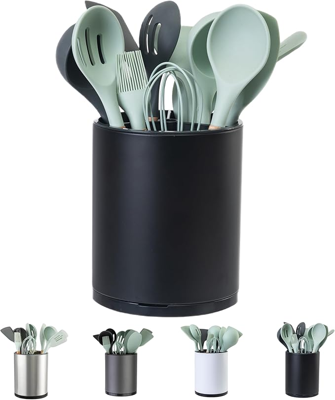 LIBODOUR Kitchen Utensil Holder Extra Large 360°Rotating For Counter Organizer Stainless Steel Storage Cooking Silverware Caddy 3 Compartment Flatware Spoon Spatula Tool Cutlery Container（Black） by ModernandFarmhouseUtensilHolder