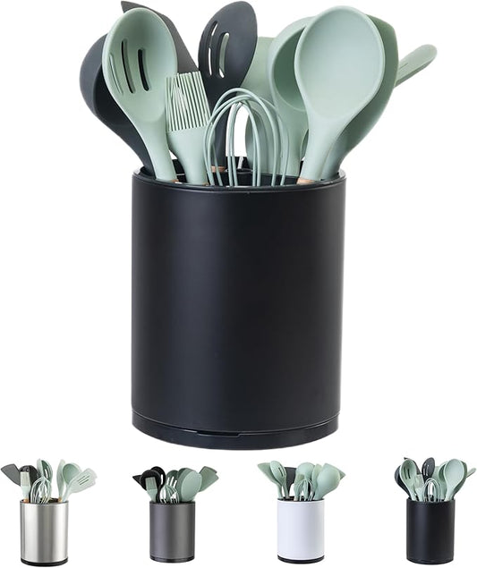 LIBODOUR Kitchen Utensil Holder Extra Large 360°Rotating For Counter Organizer Stainless Steel Storage Cooking Silverware Caddy 3 Compartment Flatware Spoon Spatula Tool Cutlery Container（Black） by ModernandFarmhouseUtensilHolder