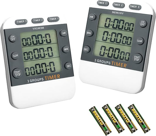 Photect 2 Pcs Digital Kitchen Timer 3 Channels Multi Timer Loud Adjustable Alarm Magnetic Count up Down Memory Preset Battery Included for Cooking Baking BBQ Study Classroom by Photect