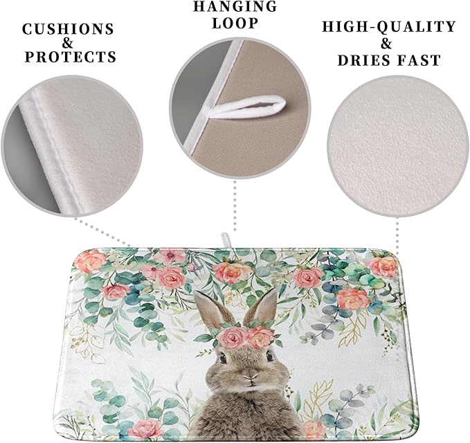 Easter Rabbit Dish Drying Mats for Kitchen Counter Easter Spring Watercolor Floral Bunny Absorbent Dish Drying Mat 18x24 Inch Absorbent Reversible Reusable Washable Dishes Drainer Mats - Image 3