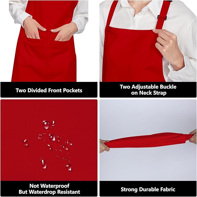 Jubatus 12 Pack 100% Cotton Aprons Bulk with 2 Pockets Cooking Chef Kitchen Adjustable Bib Apron for Women Men, Red - Image 5