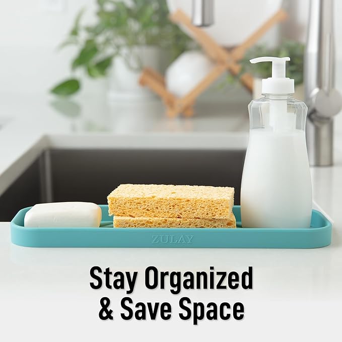 Zulay Kitchen Large Silicone Sponge Holder (12x4) – Flexible Sink Organizer Tray for Kitchen & Bathroom – Multipurpose Soap Dish for Sponges, Makeup, Trinkets & More (Aqua Sky) - Image 6