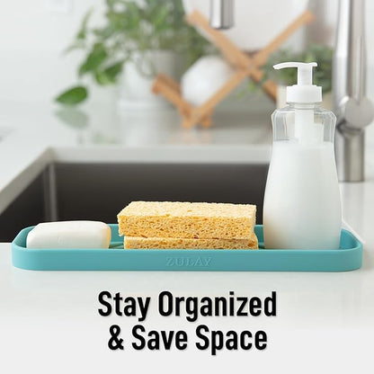 Zulay Kitchen Large Silicone Sponge Holder (12x4) – Flexible Sink Organizer Tray for Kitchen & Bathroom – Multipurpose Soap Dish for Sponges, Makeup, Trinkets & More (Aqua Sky) - Image 6
