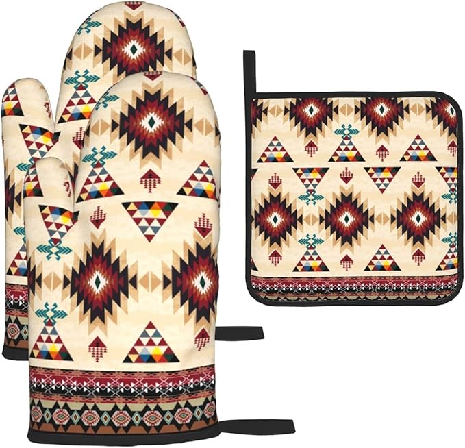 Southwestern Aztec Oven Mitts and Pot Holders Set of 3, Heat Resistant Non-Slip Navajo Pattern Oven Gloves with Hot Pad, Native American Boho Kitchen Decor Gloves for Chef Cooking Baking Grilling BBQ by Unknown