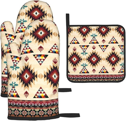 Southwestern Aztec Oven Mitts and Pot Holders Set of 3, Heat Resistant Non-Slip Navajo Pattern Oven Gloves with Hot Pad, Native American Boho Kitchen Decor Gloves for Chef Cooking Baking Grilling BBQ by Unknown